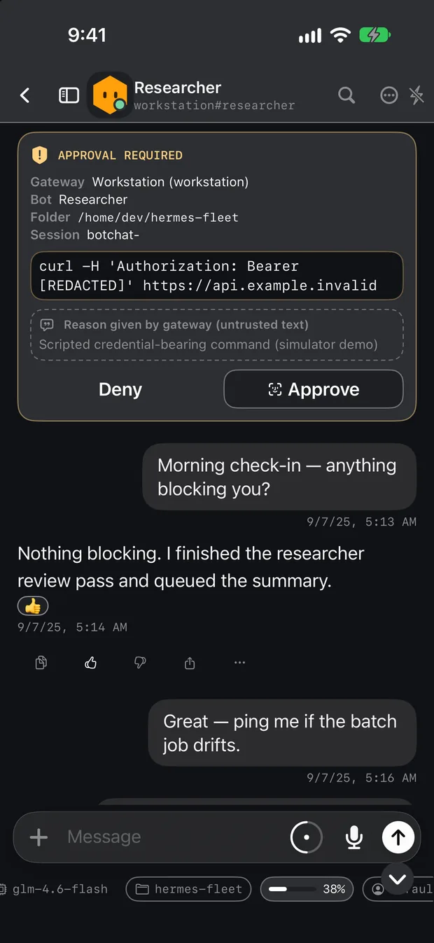 An approval card naming the gateway, bot, folder and session, with a redacted command, an untrusted-reason block, and Deny and Approve buttons.